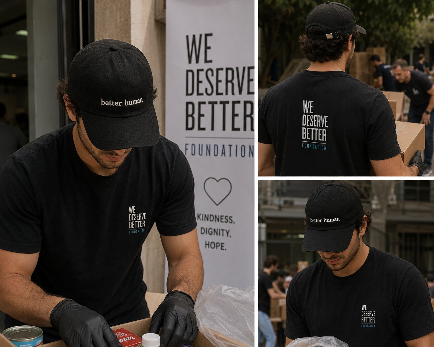 WDBF volunteers wearing branded merchandise while packing aid